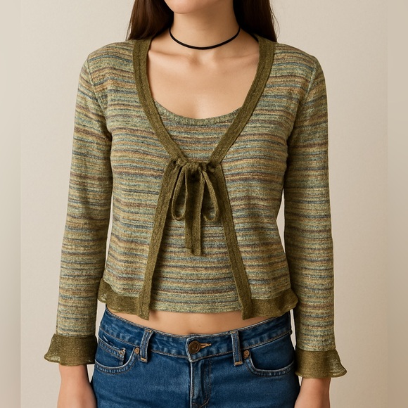 Treadle Design Room Y2K Olive Tie Front Knit Cardigan Set - Picture 1 of 10